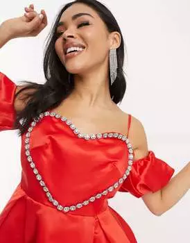 Эксклюзивное красное мини-платье с сердечками и стразами Collective the Label