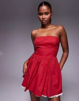 Эксклюзивное мини-платье-бандо Kaiia из поплина с контрастным кружевным подолом в красно-белом цвете