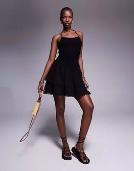 Эксклюзивное мини-платье Frolic из льняной смеси с вышивкой Rara черного цвета The Frolic