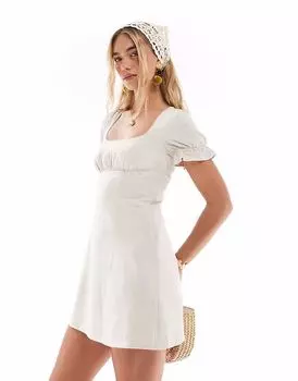 Эксклюзивное мини-платье Frolic из льняной смеси с квадратным вырезом, кружевной отделкой, завязками на спине и рукавами-фонариками в каменном цвете The Frolic