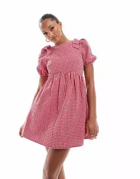 Эксклюзивное мини-платье Frolic в красную клетку с бантом на плече и рукавами-буфами