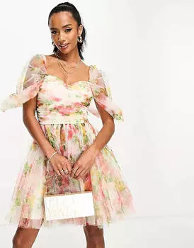 Эксклюзивное мини-платье из тюля с запахом Lace & Beads Petite с ярким цветочным принтом
