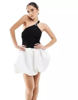 Эксклюзивное мини-платье на одно плечо с контрастным кружевным лифом и пышной юбкой черного и кремового цвета The Frolic