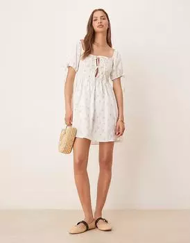 Эксклюзивное мини-пляжное платье Esmee с завязками спереди и рукавами-фонариками в мелкий белый цветочный узор Esme