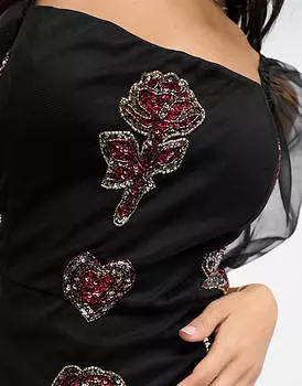 Эксклюзивное облегающее мини-платье с прозрачными рукавами и пышными рукавами и смешанной аппликацией Lace & Beads