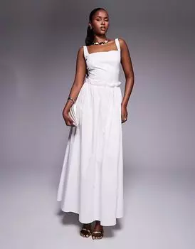 Эксклюзивное платье Kaiia из поплина с квадратным вырезом и оборками на талии в белом цвете