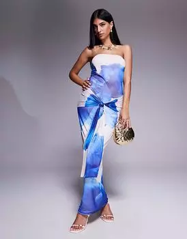 Эксклюзивное платье-макси Kaiia из двухслойной обтягивающей сетки с цветочным узором, завязкой на талии и драпировкой в синем и цвете слоновой кости