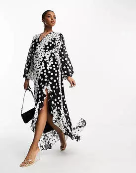 Эксклюзивное платье макси с объемными рукавами и запахом In The Style с комбинированным точечным принтом