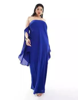 Эксклюзивное платье макси темно-синего цвета ASOS DESIGN Curve с карменовым вырезом и акцентными разрезными рукавами