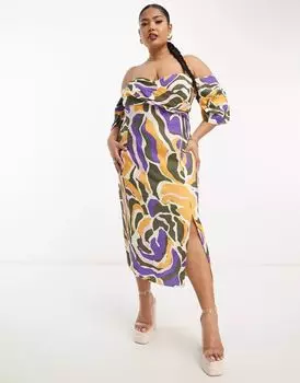 Эксклюзивное платье миди с открытыми плечами ASOS DESIGN Curve с абстрактным принтом, складками и запахом на вырезе