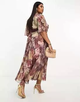 Эксклюзивное плиссированное платье миди ASOS DESIGN Curve с рукавами-кимоно и завязкой на талии с коричневым цветочным принтом