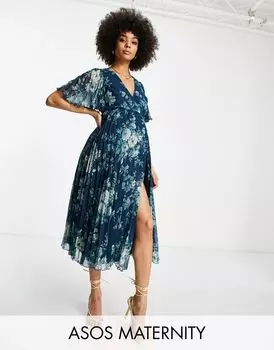 Эксклюзивное плиссированное платье миди ASOS DESIGN Maternity с цветочным принтом и рукавами-кимоно, завязывающимися на талии