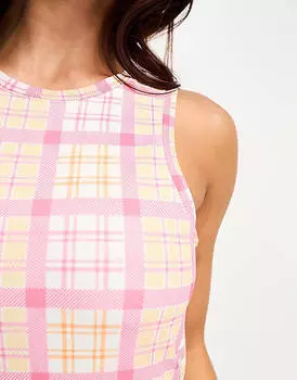 Эксклюзивное сетчатое платье миди с разрезами по бокам Pieces в розово-оранжевую клетку