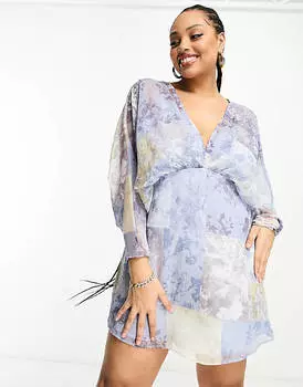 Эксклюзивное шифоновое мини-платье мини с рукавами «летучая мышь» ASOS DESIGN Curve в винтажном цветочном стиле