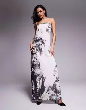 Эксклюзивное шифоновое платье-бандо трапеция макси от Murci с черным и белым пальмовым принтом