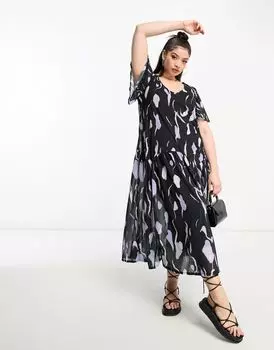 Эксклюзивное шифоновое платье миди с v-образным вырезом ASOS DESIGN Curve фиолетового цвета с волнистым принтом