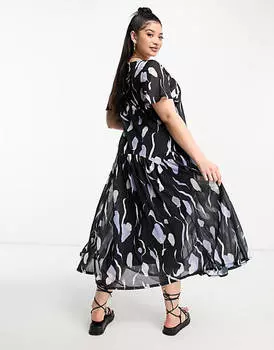 Эксклюзивное шифоновое платье миди с v-образным вырезом ASOS DESIGN Curve фиолетового цвета с волнистым принтом