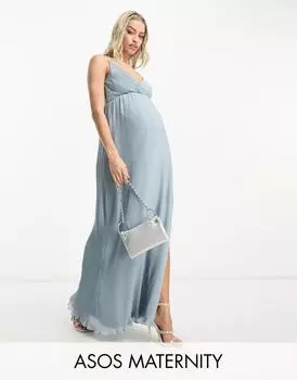 Эксклюзивное синее шифоновое платье макси с запахом и бретелями ASOS DESIGN Maternity