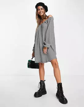 Эксклюзивное свободное мини-платье с открытыми плечами в фактурную черную клетку Pieces