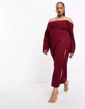Эксклюзивное винное платье миди с корсетом и бардо ASOS DESIGN Curve