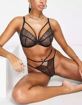 Эксклюзивные черные стринги с сетчатыми ремешками и цветочной вышивкой Wolf & Whistle