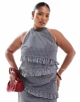 Эксклюзивный асимметричный топ без рукавов с рюшами и воротником-халтер от Renee Studio Plus в серую клетку