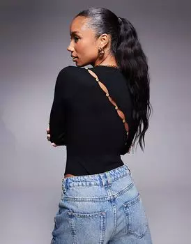 Эксклюзивный асимметричный трикотажный боди с длинными рукавами на пуговицах сзади черного цвета Kaiia