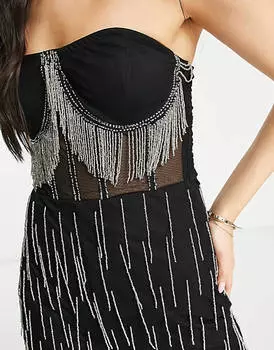 Эксклюзивный черный комбинезон из прозрачного корсета с струящимися кристаллами Lace & Beads