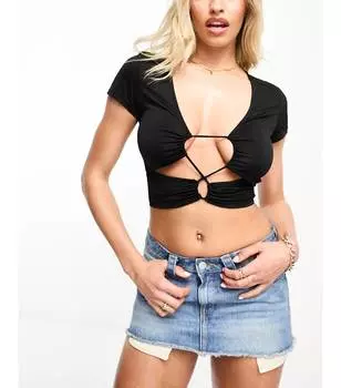 Эксклюзивный черный топ с короткими рукавами и рюшами спереди ASOS DESIGN Hourglass