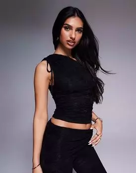 Эксклюзивный двухслойный облегающий топ Kaiia на одно плечо со сборками и кружевом, черный цвет