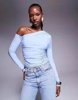 Эксклюзивный двухслойный облегающий топ Kaiia с открытыми плечами и длинными рукавами нежно-голубого цвета