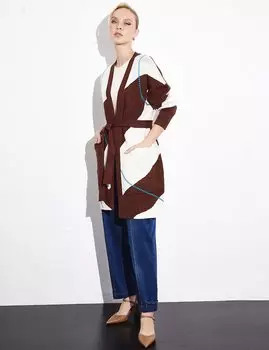 Эксклюзивный фактурный вязаный кардиган с поясом Коричневый камень Kayra