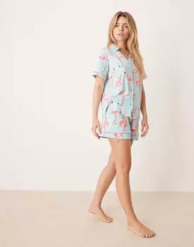 Эксклюзивный комплект из полиэстера с короткими рукавами и шортами от Chelsea Peers с принтом фламинго