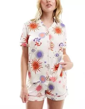 Эксклюзивный комплект из трикотажа Chelsea Peers с короткими рукавами и короткими рукавами с принтом «солнце»