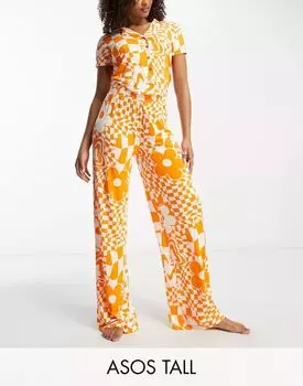 Эксклюзивный пижамный комплект из вискозной рубашки и брюк ASOS DESIGN Tall с оранжевым шахматным принтом и цветочными деталями