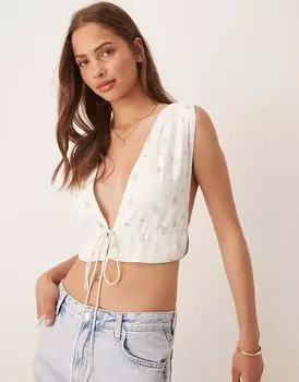 Эксклюзивный пляжный топ Esmee с завязками спереди и белым мелким принтом Esme