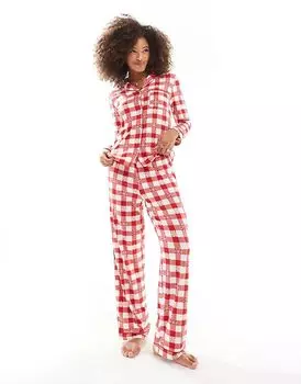 Эксклюзивный рождественский пижамный комплект Chelsea Peers с длинными рукавами в бордовую клетку и узором «снежинки»