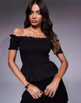 Эксклюзивный топ-борд от Kaiia с текстурированной баской и сборками, черный цвет