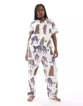 Эксклюзивный топ Chelsea Peers на пуговицах с короткими рукавами и брюки-пижамы из кремового хлопка с леопардовым принтом в тон