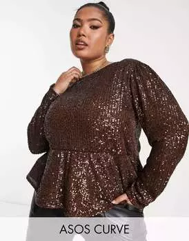 Эксклюзивный топ шоколадного цвета с длинными рукавами и пайетками ASOS DESIGN Curve
