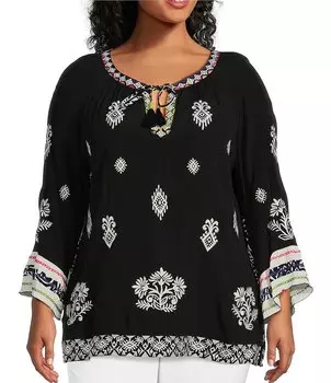 John Mark Плюс размер Тканая туника с цветочным принтом и рукавами 3/4 с разрезом и круглым воротником, черный