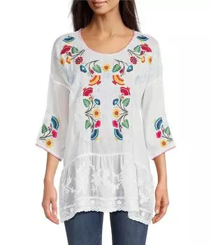 JOHNNY WAS Cherie Прозрачная туника с круглым вырезом и рукавами 3/4 Cherie, белый