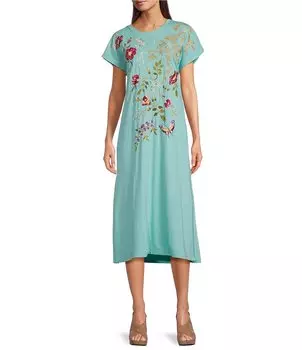 JOHNNY WAS Osaka Хлопковое трикотажное платье миди с вышивкой и цветочным мотивом, платье миди с короткими рукавами, синий
