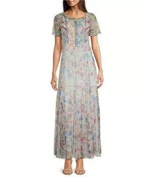 JOHNNY WAS Сетчатое трикотажное платье трапециевидной формы с короткими рукавами и круглым вырезом JOHNNY WAS, цветочный