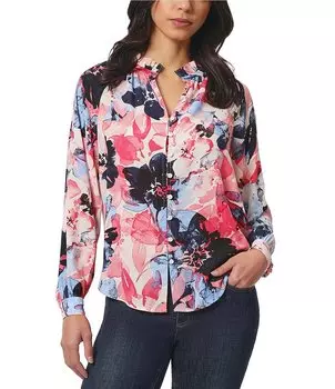 Jones New York Блуза с длинными рукавами реглан и V-образным вырезом с цветочным принтом и рюшами, цветочный