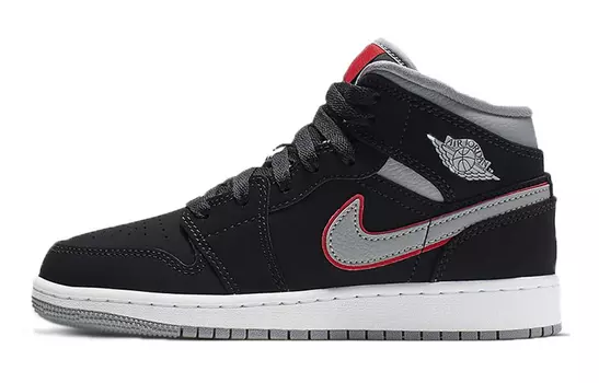 Кроссовки Jordan 1 Mid Black Particle Grey Gym Red GS