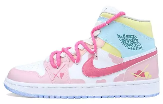 Кроссовки Air JORDAN 1 Vintage Basketball Shoes Women's High-Top Pink White/Blue Yellow