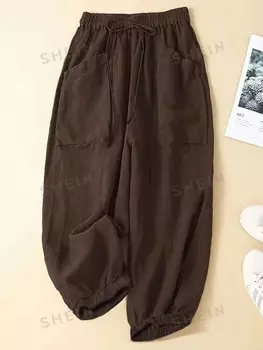 JORESS Большие размеры женские однотонные галстуки с эластичной резинкой на талии и манжетами свободные повседневные брюки Shein, коричневый