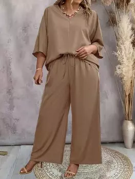 JORESS Комплект из рубашки и брюк больших размеров, однотонный, V-образный вырез Shein, хаки