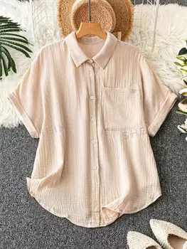 JORESS Простая однотонная повседневная рубашка с короткими рукавами большого размера Shein, абрикосовый